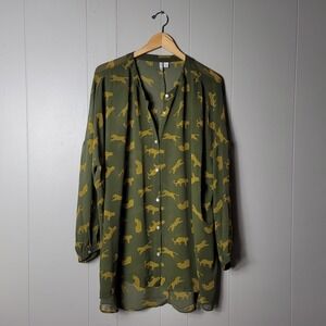 CATO OLIVE GREEN CHEETAH PRINT SHEER TUNIC BUTTON FRONT SHIRT WOMENS SIZE 18/20W